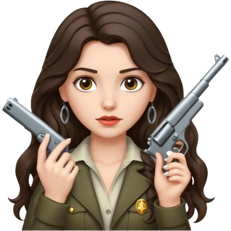 A brunette with long wavy hair girl who is about to kill herself with a littlr gun pointed at her temple emoji