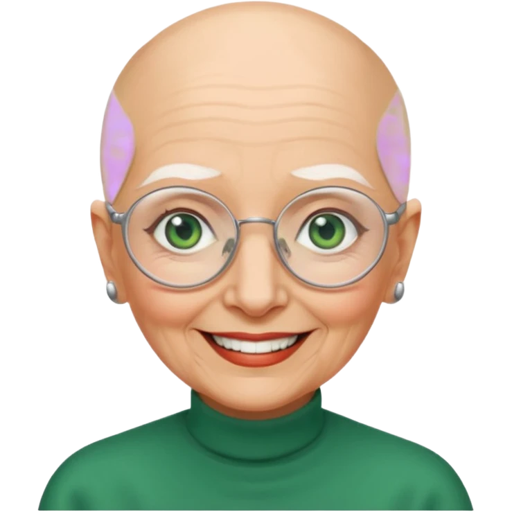 Bald old woman smiling green eyes wearing frameless glasses emoji