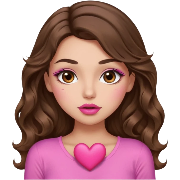 girl with long wavy brown hair, brown eyes, long lashes makeup, sexy pink lips, light to medium complexion, wearing a pink sexy top, sexy , puckering, blushing, kissing a heart sexy emoji