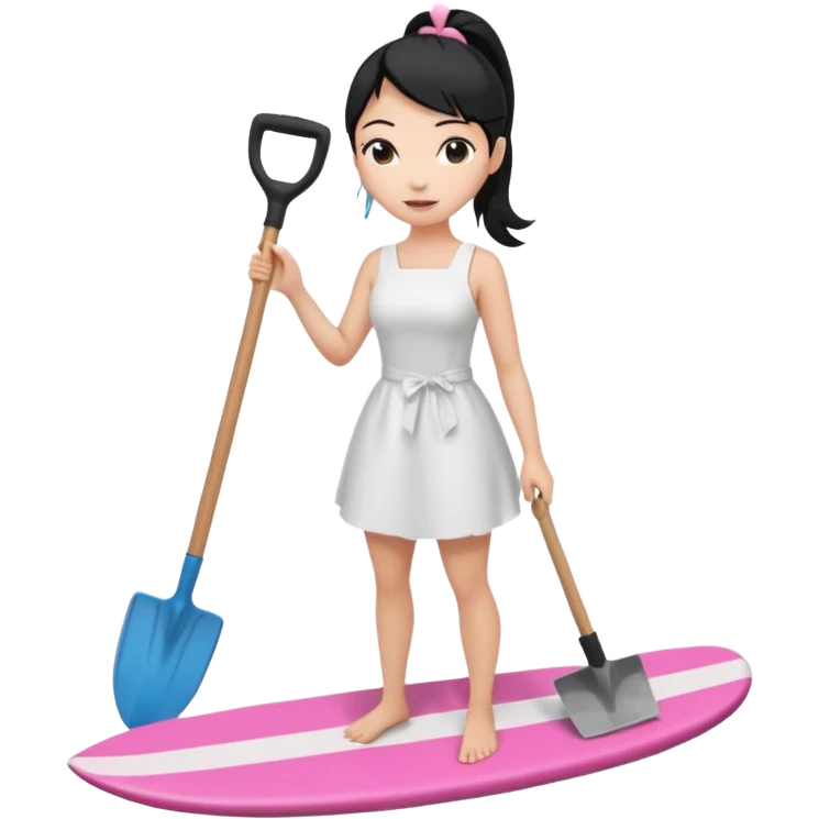 Princess who wearing white dress (woman) black ponytail hair holding her cellphone and  one garden shovel with another hand. She is standing on her feet, there is one pink surfing board. emoji