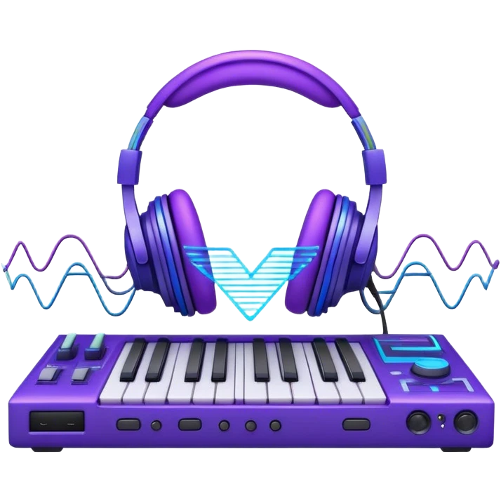 Create a creative and technical emoji that represents sound design. The design should feature a soundwave, a pair of studio headphones, and an audio synthesizer or soundboard to symbolize the manipulation and creation of unique soundscapes. Add subtle elements like audio cables, a mixing console, or a waveform to reflect the technical aspect of sound design. Use vibrant, futuristic colors like neon blue, purple, and green to represent innovation and creativity in sound. The background should be transparent. emoji