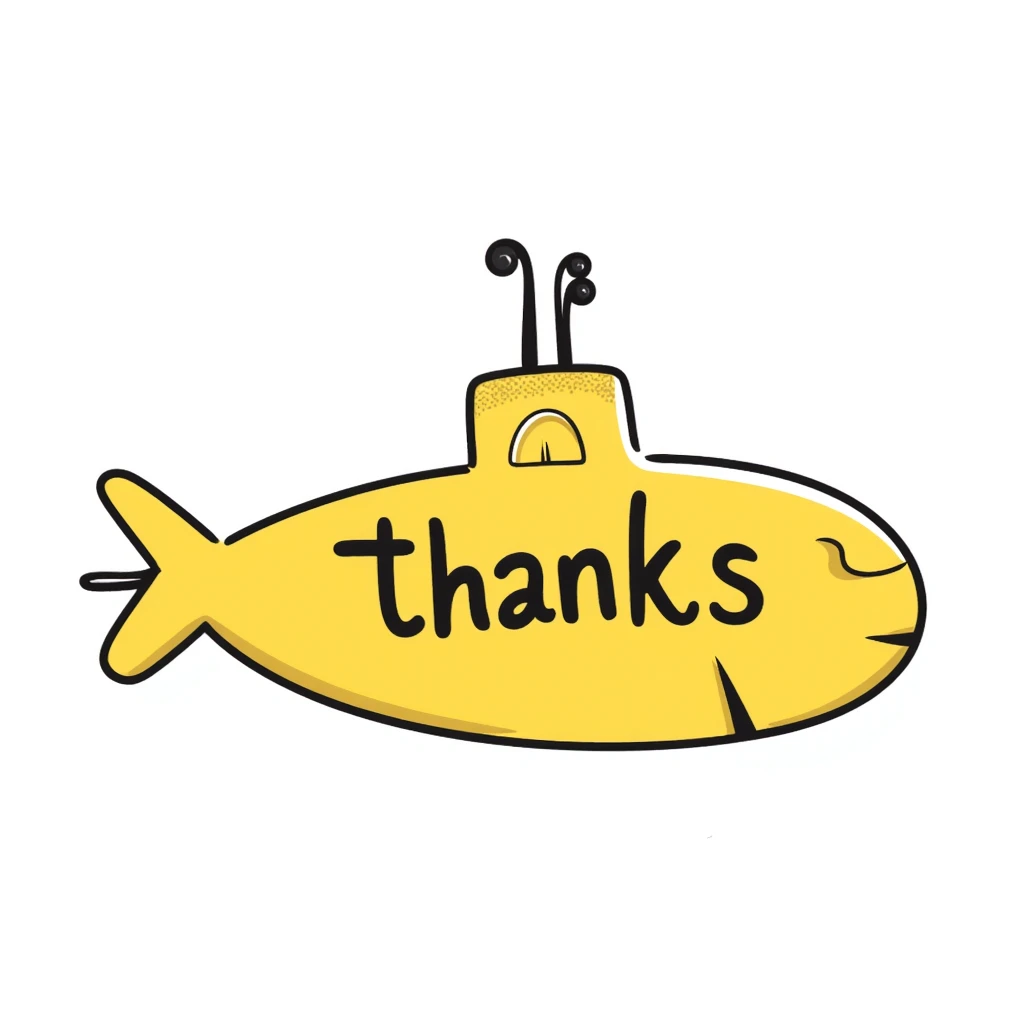 yellow submarine with 'thanks' written on the side, hand-drawn doodle style emoji