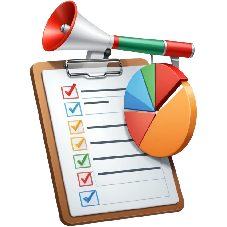 An icon featuring a pie chart, a clipboard with a checklist, and a megaphone, symbolizing management and marketing. The design includes upward-trending graphs and a target with an arrow, representing strategy and success. Transparent background highlights business organization and promotion. emoji