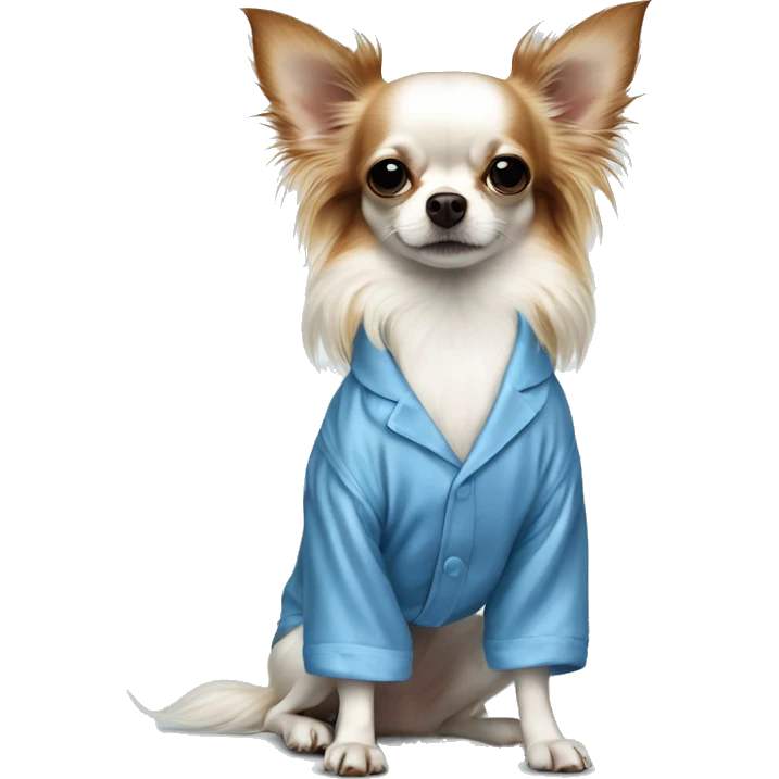 Long-haired white Chihuahua with reddish brown markings wearing blue silk pajamas emoji