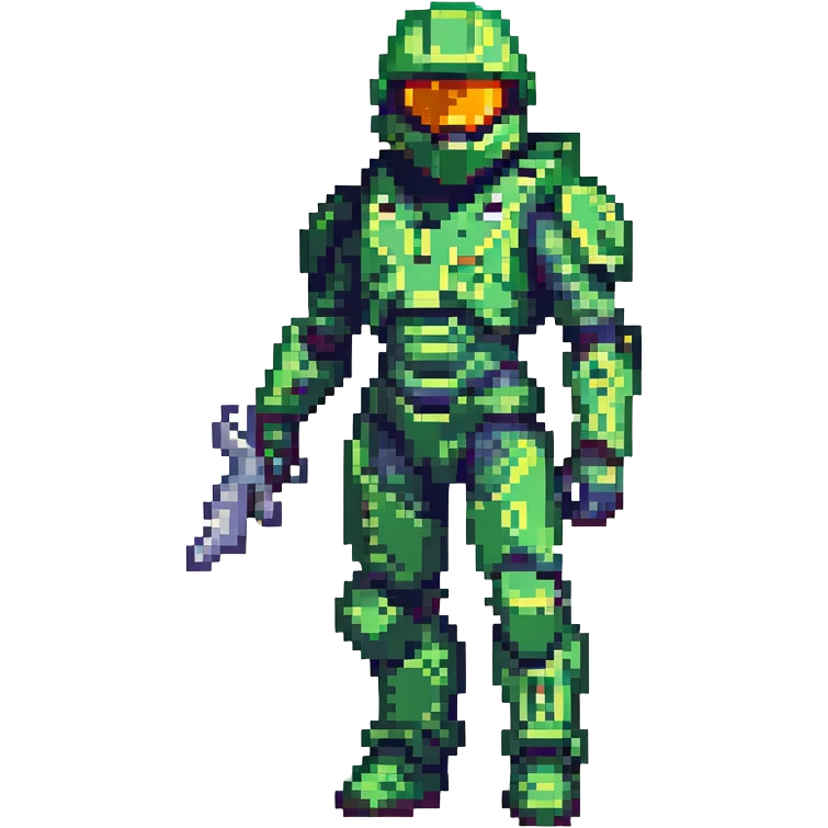 Master Chief from the Halo video games, full armor, helmet, iconic green color, sci-fi soldier, detailed, dynamic pose, pixel art style emoji