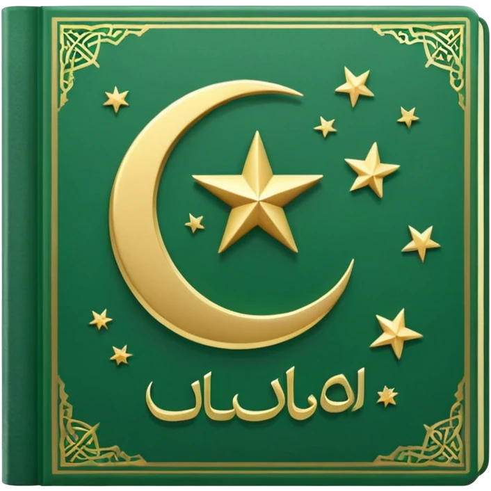 Closed Quran with the Islamic Symbol on it (moon and star) green from left to right emoji