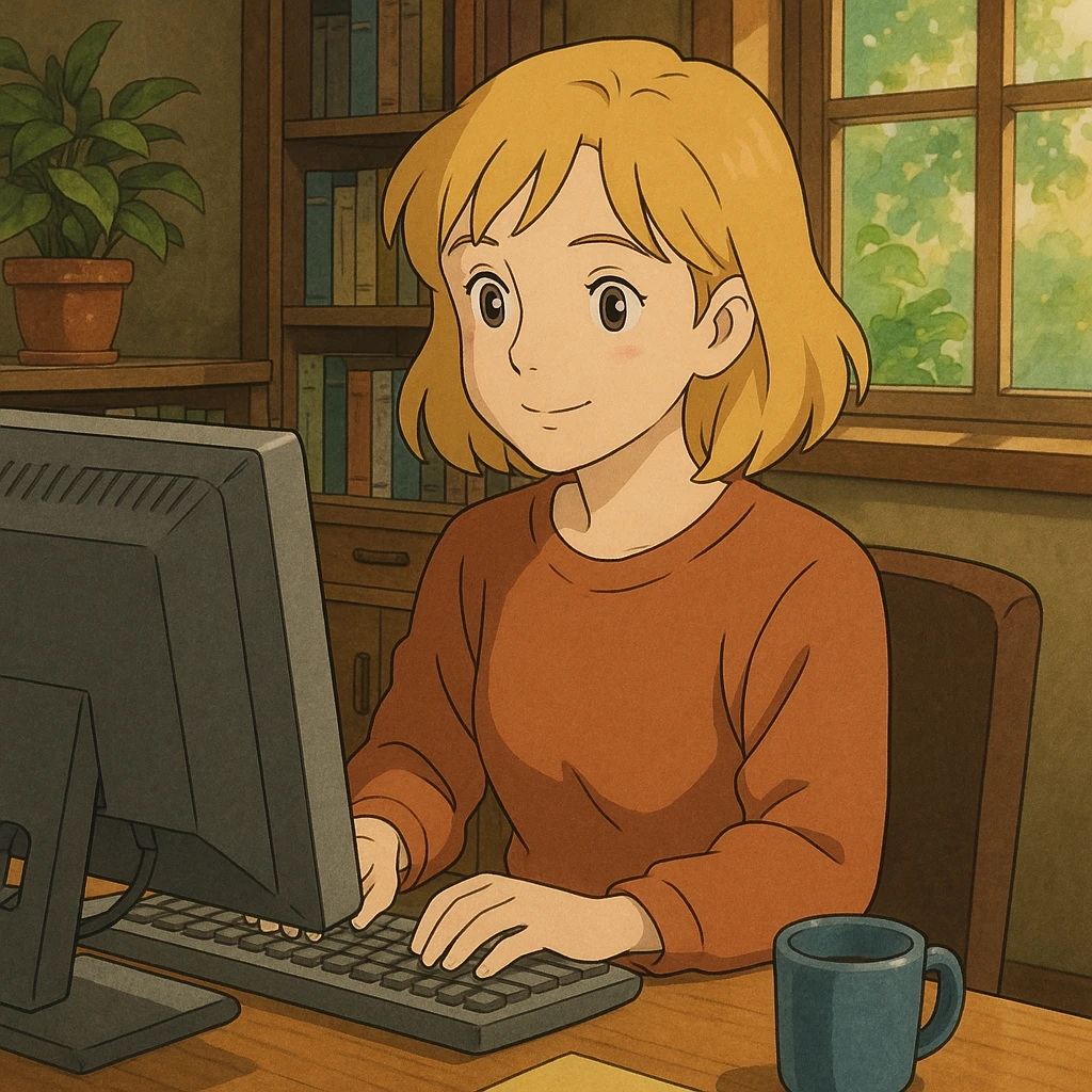 brown-eyed blonde young woman working on a computer in a cozy office emoji