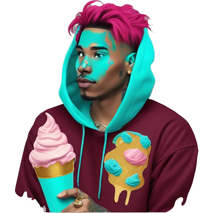 Vintage grunge patina intricate swirls golden sparkle Deep pink maroon burgundy cyan dark hoodie man dyed hair and gold piercings nose piercing ear piercings ice cream  emoji