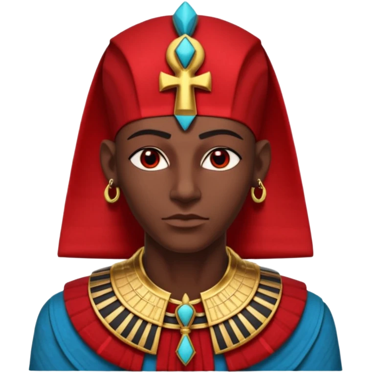gothic ancient Egyptian character portrait, head and shoulders only, red and black color theme, pharaoh collar, ankh symbols, dark red royal fabric, Egyptian jewelry, mysterious expression, dramatic lighting, 3D cartoon, mobile game icon style, clean background, no text, no watermark
 emoji