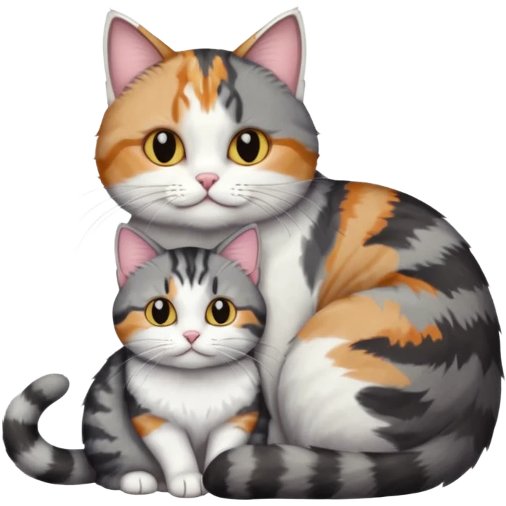 two cats in love, a colourful light patched calico + white tabby cat cuddling a bigger cat that is dark grey and white tabby cat emoji