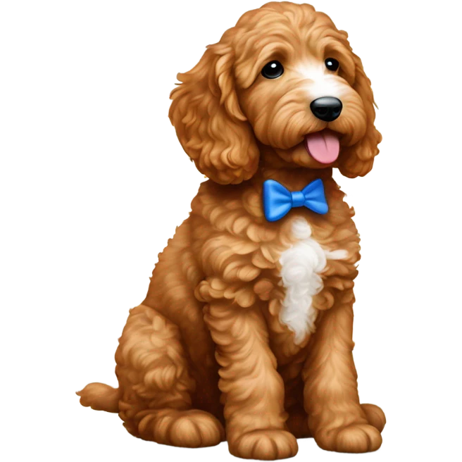 Red goldendoodle puppy white nose and chest blue bow in ear  emoji