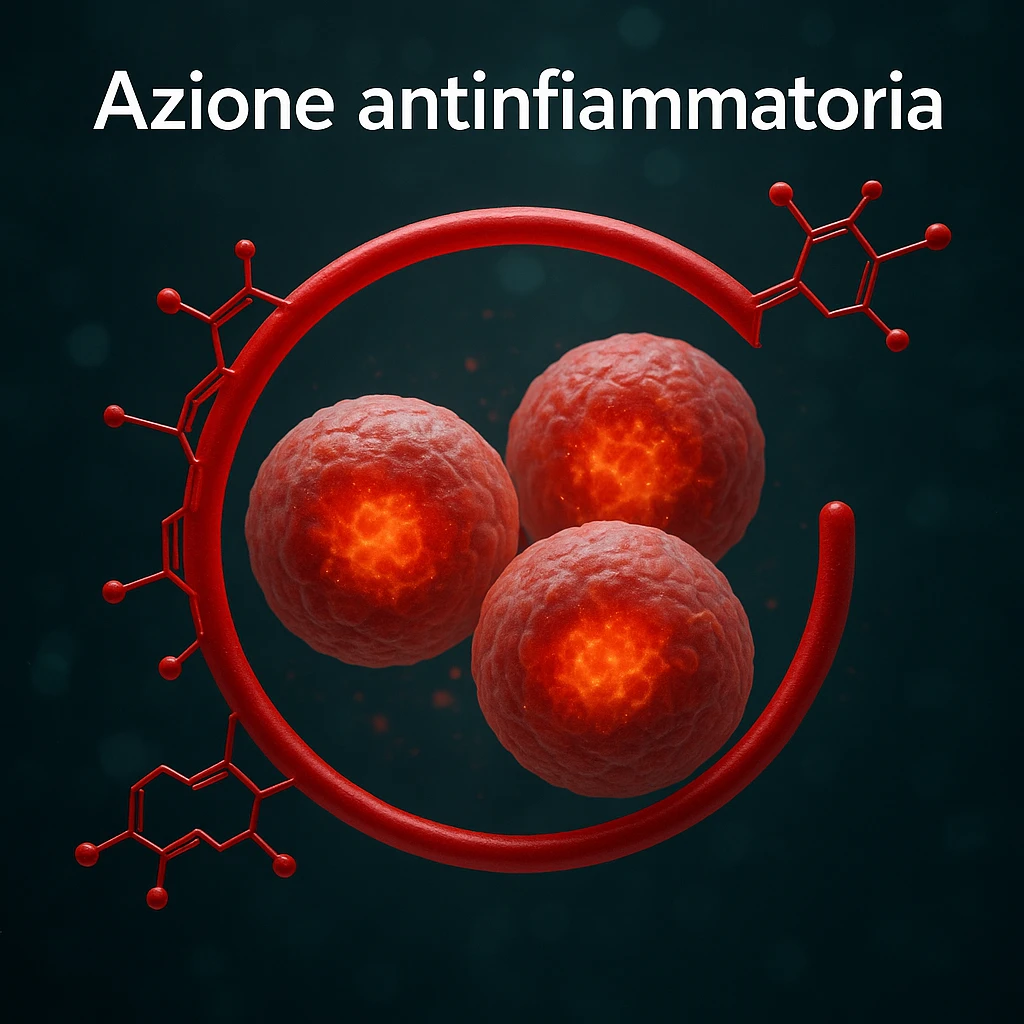 hyper realistic red astaxanthin molecule protecting inflamed cells, red molecule surrounding cells with inflammation signs, scientific atmosphere, realistic details, text 'Azione antinfiammatoria' emoji