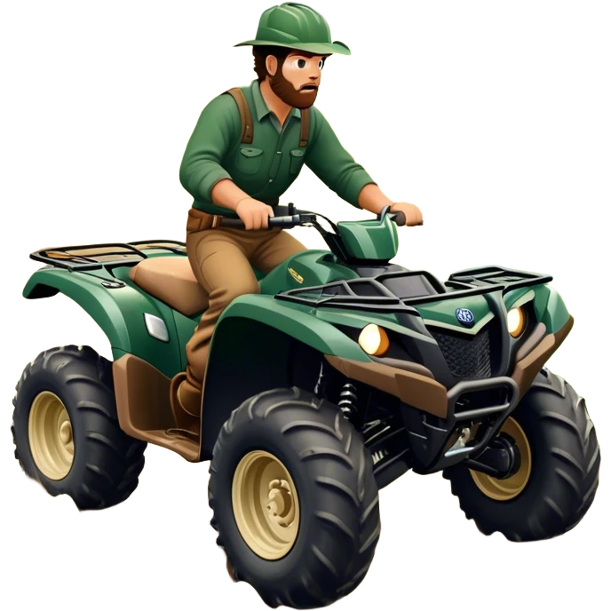 Yamaha Grizzly 700 (2019) – Cinematic-realistic Yamaha Grizzly 700 ATV, its dark green frame tearing through muddy trails. Thick off-road tires grip the rugged terrain as a farmer rides across the paddock, herding cattle with precision under a golden sunset. emoji