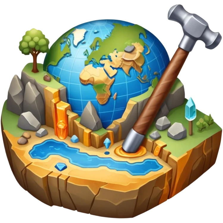 An icon featuring a rock hammer, a geological map, and layers of Earth’s crust, symbolizing geology. The design includes mineral samples, fossils, and tectonic plates, representing the study of Earth’s structure and natural processes. Transparent background highlights geological exploration emoji