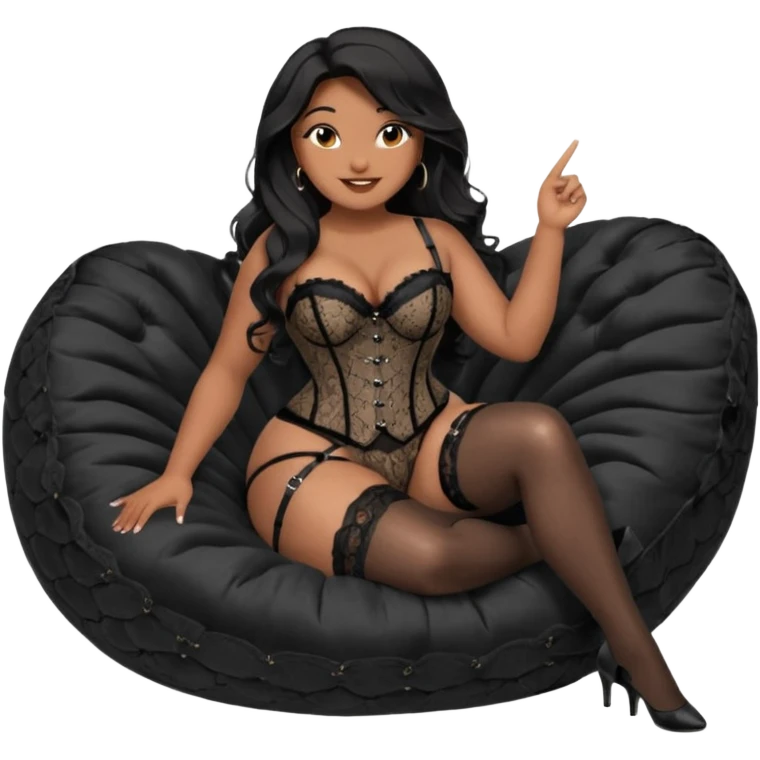 Curvy woman with brown skin with long wavy black hair, dark brown eyes. She's wearing a black lace corset, black lace thong, black stockings and suspender belt, she's sat on a big dark grey bean bag chair with her legs open and feet on the floor. Shes smiling with one hand pointing forward emoji