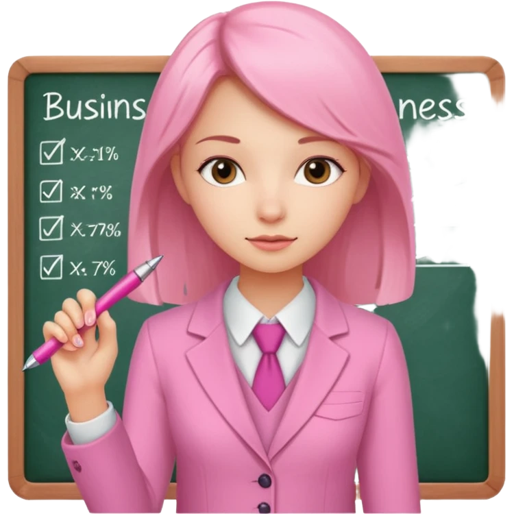 pink board with a girl writing on it and on the board there are graphs and a title "Businss emoji