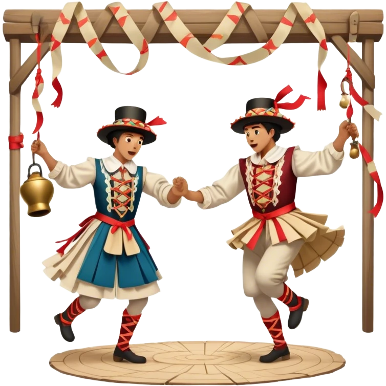 Cinematic Realistic scene of two performers executing a Morris Dance in full traditional costume—with bells, ribbons, and clogs—captured in dynamic motion against a rustic English backdrop and warm, golden lighting emoji