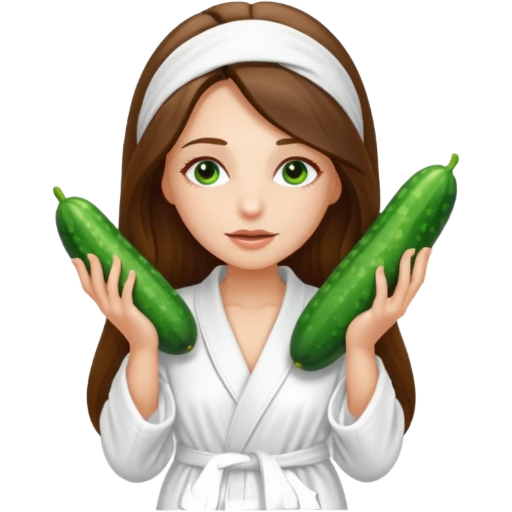white long brunette hair girl with hazel eyes in a bathrobe with cucumbers covering her eyes emoji