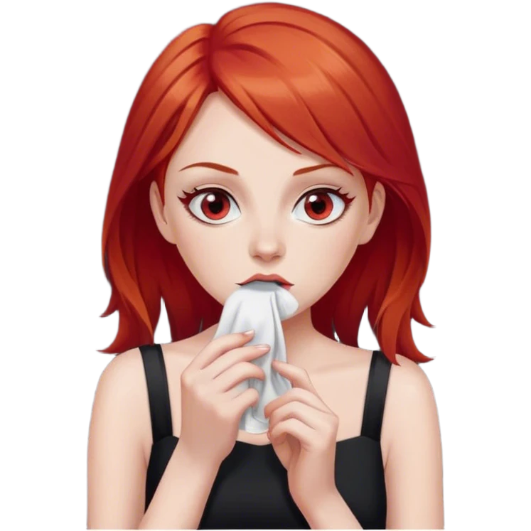 a woman with red hair and red eyes sniffing a white sock. The woman wear a black  dress emoji