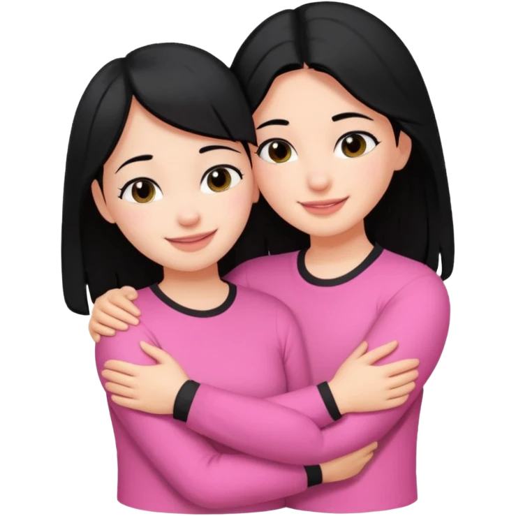 Two girls with black hair, one wearing white shirt and the other wears pink shirt, hugging each other romantically  emoji
