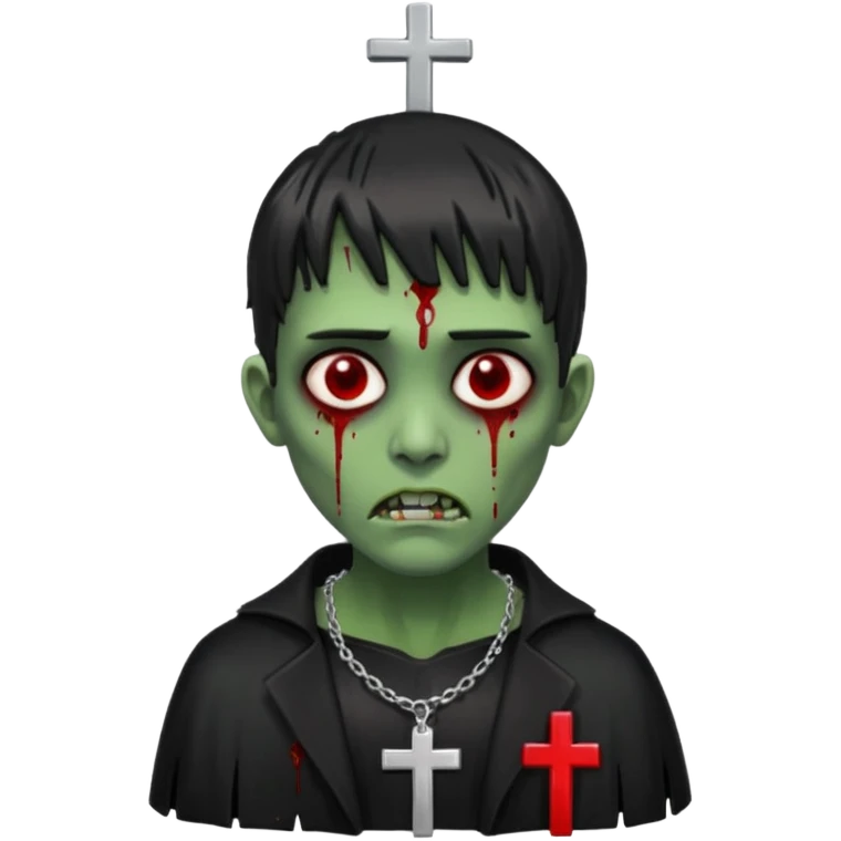zumbi verde com olhos vermelhos sangrando e franja roupa preta e um crucifixo como colar emoji