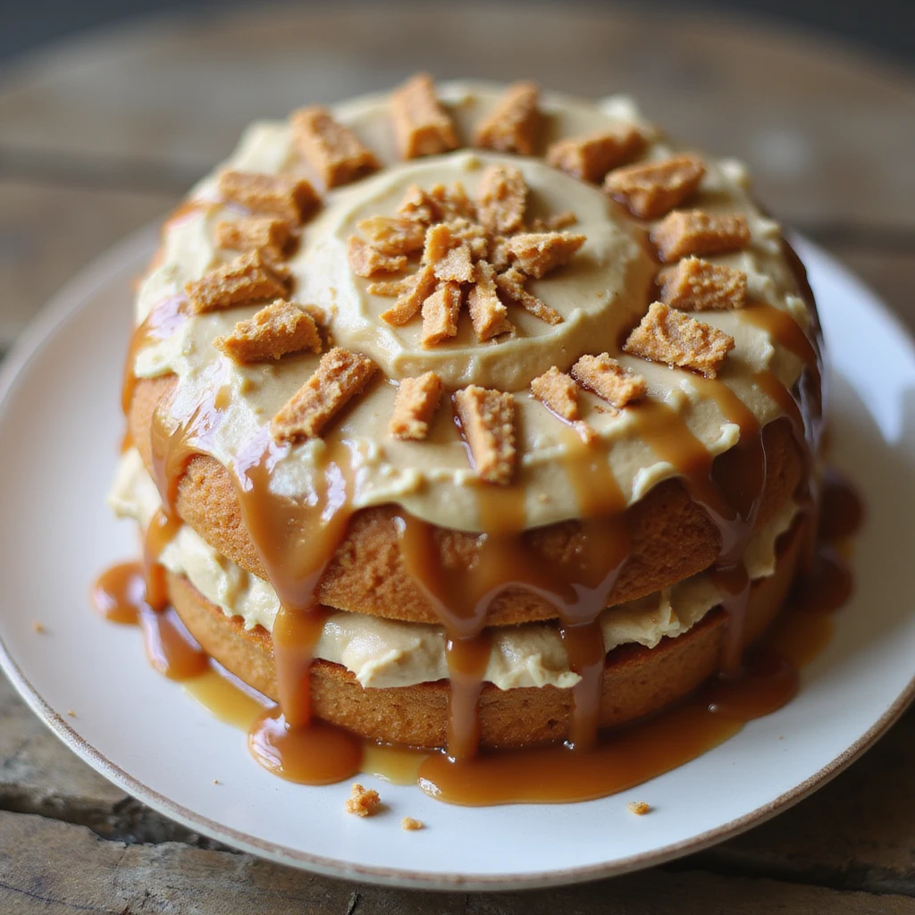 realistic round cake with caramel frosting and caramel shards, photorealistic style emoji