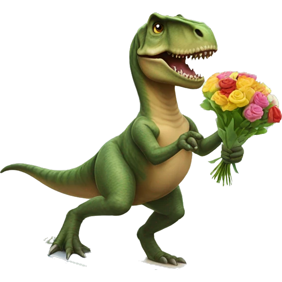 T. rex surfing holding a bouquet of flowers emoji