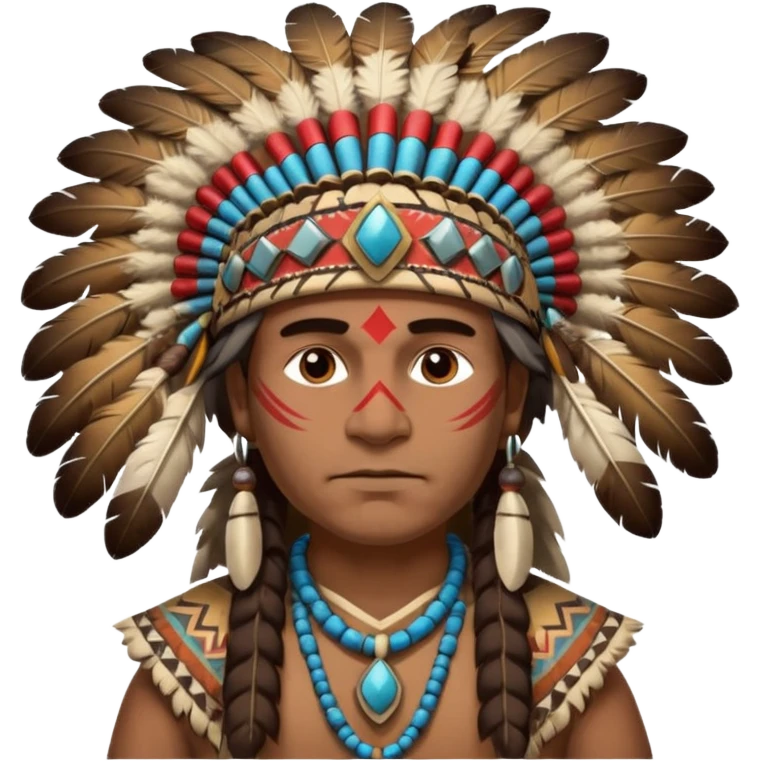 A proud chief with feathered headdress, calm powerful stance, and painted patterns on his face.
 emoji