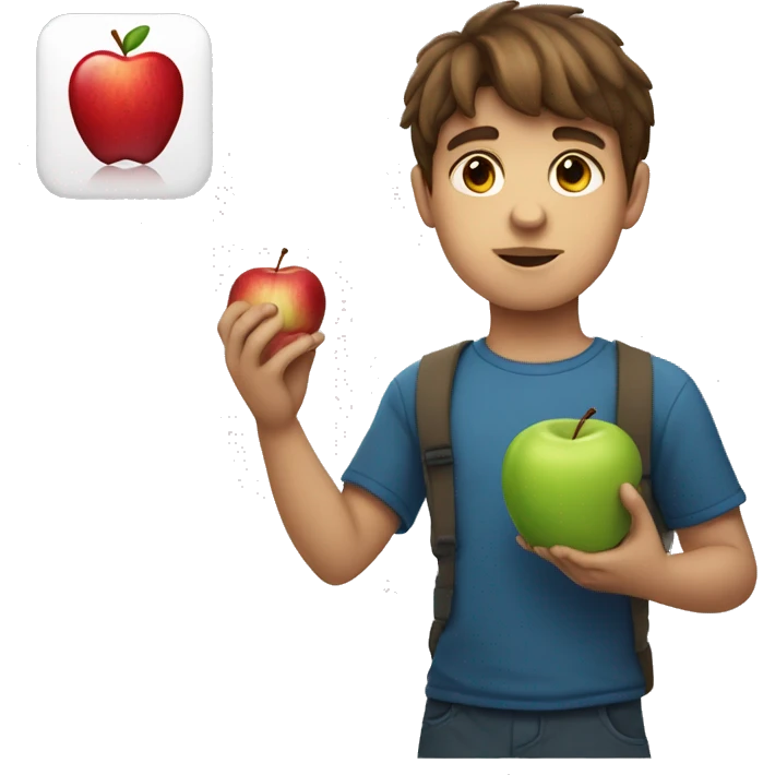 Boy with a normal face and brown hair holding up the Apple logo emoji