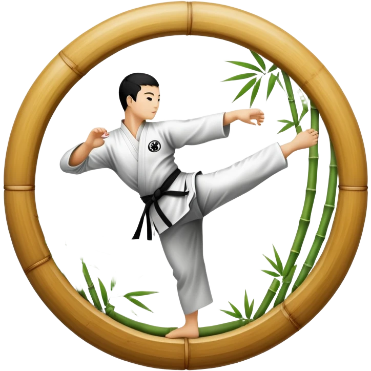 An icon symbolizing Eastern martial arts in the style of an emblem, with a black-and-white Yin-Yang symbol at the center. The design shows a martial artist performing a graceful kick, surrounded by bamboo and traditional elements. Transparent background emphasizes balance and harmony. emoji