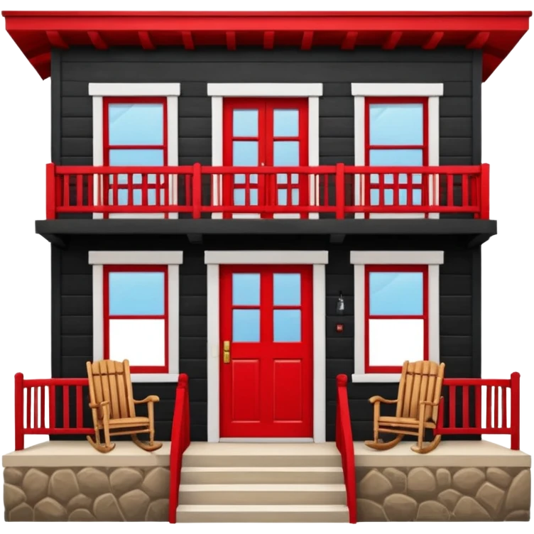 Puerto Rican wooden house facade, central door, two windows, front balcony with rocking chair, scenic frame, humble but well-maintained, warm and authentic, red color emoji