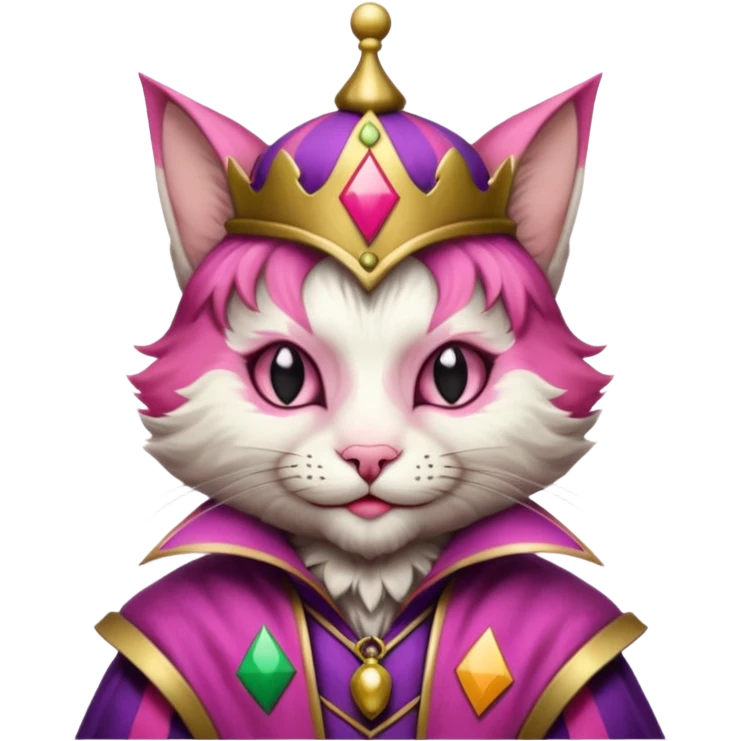 court jester cat medieval, single poker card joker clearly visible, pink, face only enclosed in a medieval badge  emoji