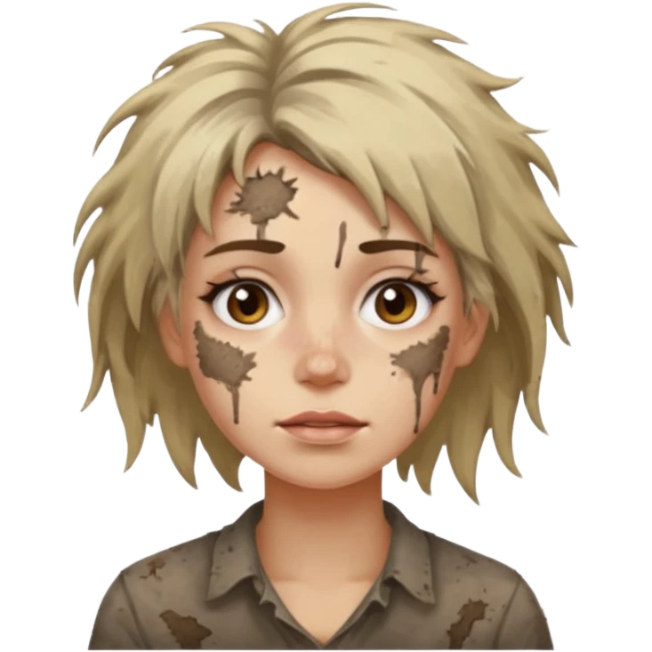 very dirty looking homeless woman very very dirty and smelly looking face only, not old with grey smudges everywhere and messy hair and lots of stains on face ugly and smudged face on forehead and chin emoji