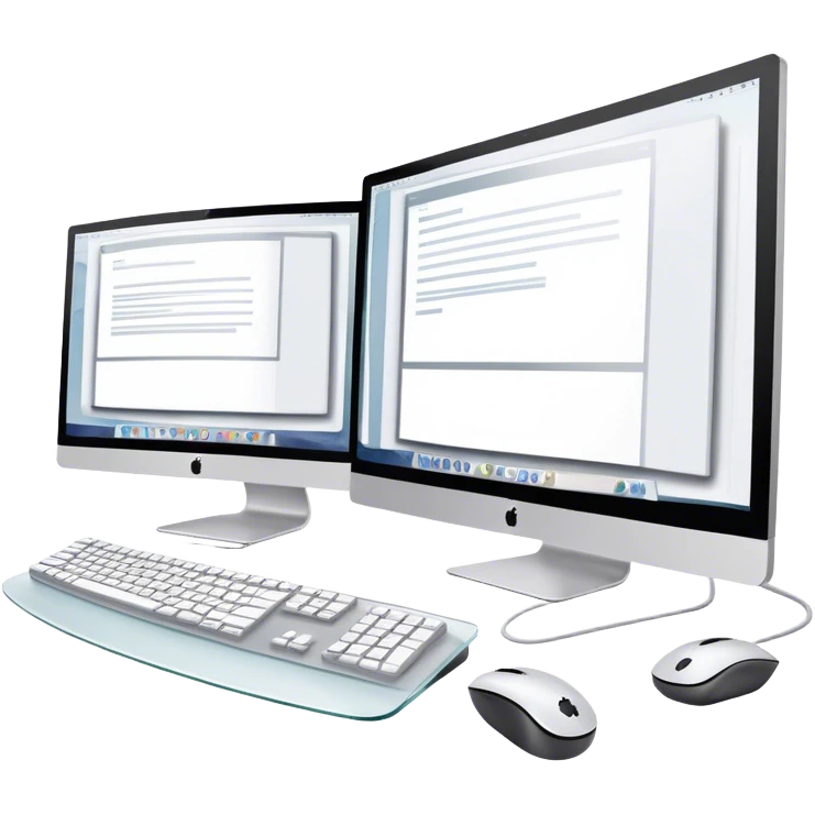 Create an emoji for UX/UI design. Two large curved monitors placed next to each other, displaying design mockups or wireframes. A mouse, keyboard, and stylus to symbolize the tools used in the design process. Do not include any emojis or smiley faces. Background transparent. emoji