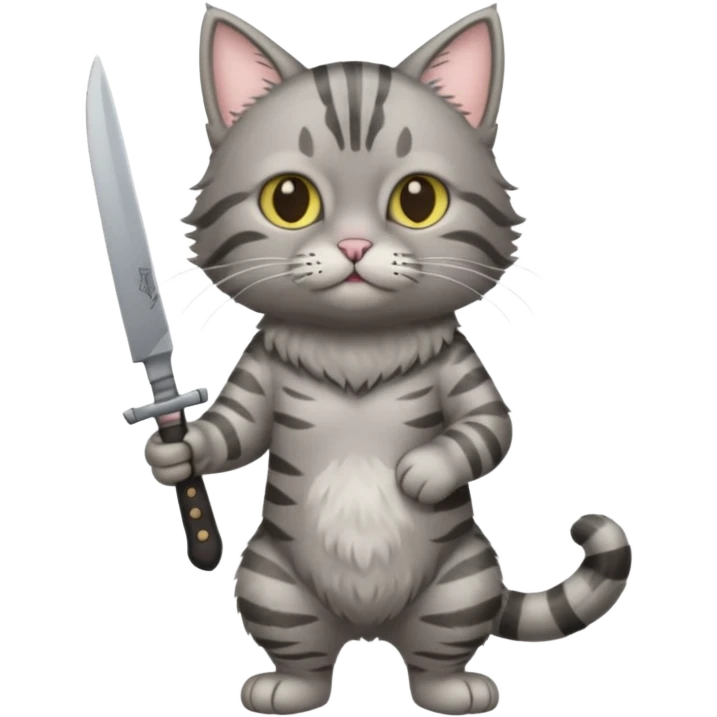 Full body gray tabby cat (no clothes) with a knofe emoji