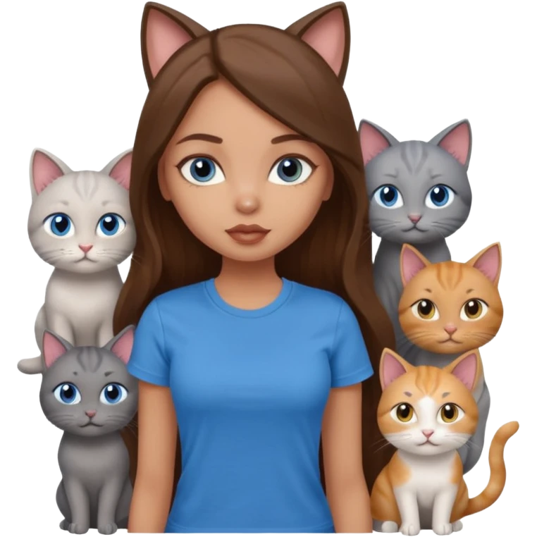 a pretty bratz dusky light skin girl with long brown hair, blue eyes with six cats nd wearing a grey tshirt emoji