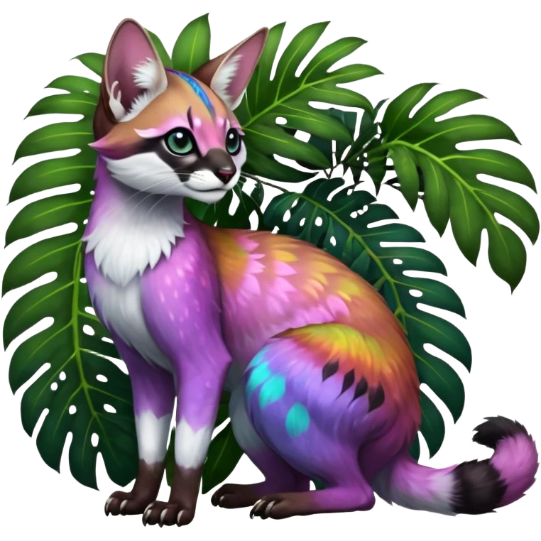 Colorful dark tropical white iridescent glorious divine exotic cute cool beautiful shiny beautiful floral fantasy-caracal-civet-genet-sergal-vernid-Cacomistle-oncilla-animal-Fakémon-hybrid-fursona (full body) emoji