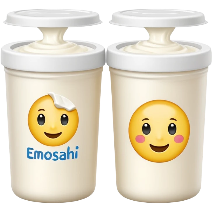 two small cylindrical white yogurt pots with smooth matte finish and slightly crinkled paper tops, one opened showing creamy pale white fresh cheese with soft glossy surface, plain dairy pots, soft lighting, subtle shadows, emoji scale emoji