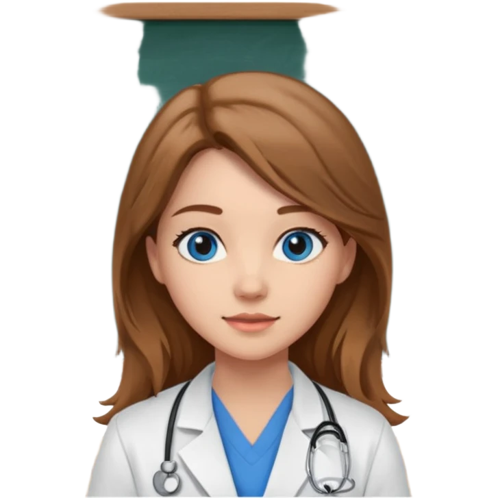 pretty female nursing student with long brown hair, blue eyes inside a classroom at university with blackboard behind her emoji