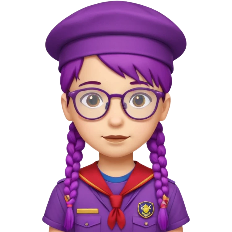 red uniform wearing scout kid with braids and glassess with hat purple haired emoji