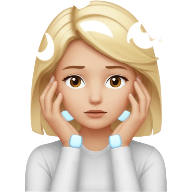 Cewe blonde yang lagi overthingkingkeliatan tangannya lagi mikir baju nya putih emoji
