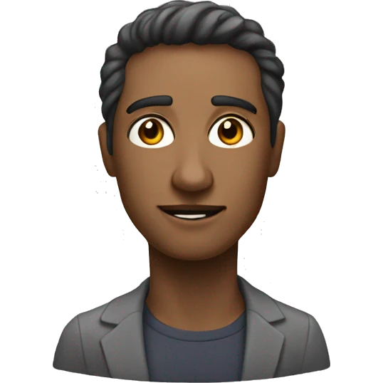 man in front of pc screen, on the screen there is a portrait of a woman with a neutral expression emoji