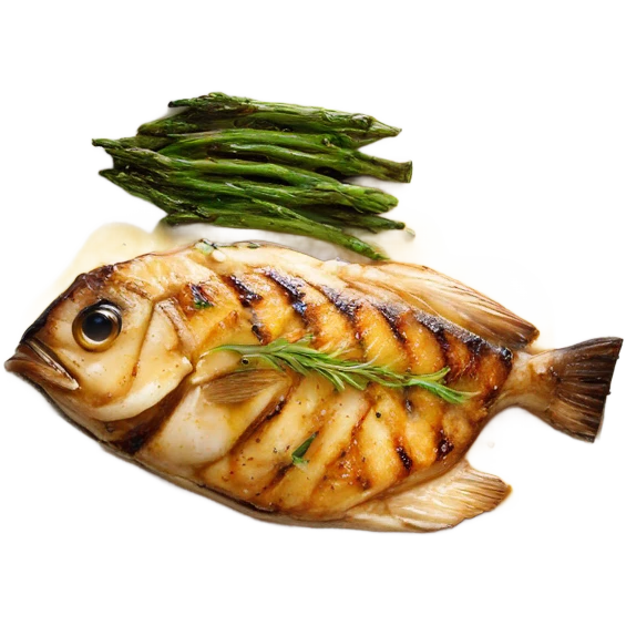 grilled fish fillets with brown butter sauce on white plate emoji