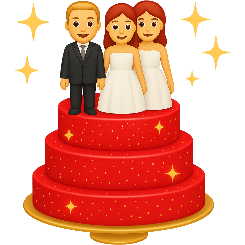 Add a sparkle effect to the red wedding cake with bride and groom toppers. Keep the background transparent. The style should resemble emoji style with bright colors and simple shapes. emoji