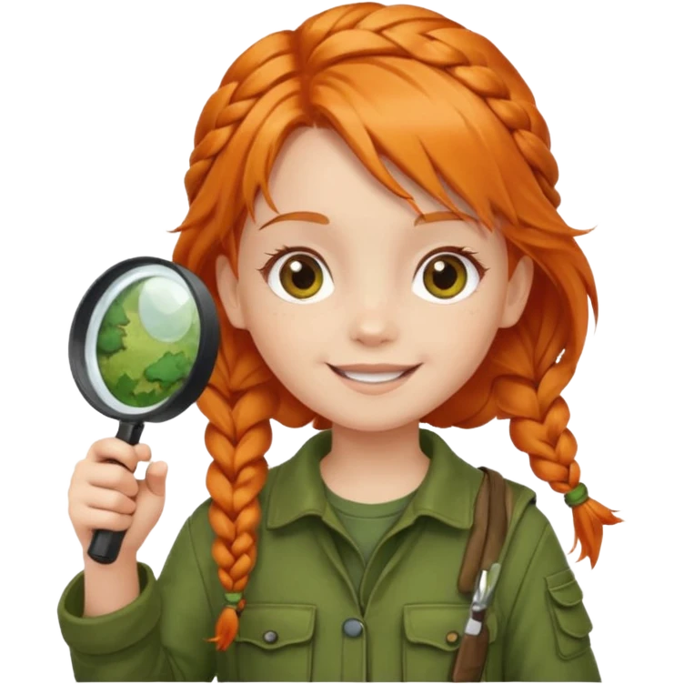 braid orange haired girl kid in moss green explorer outfit, holding magnifying glass, smile emoji
