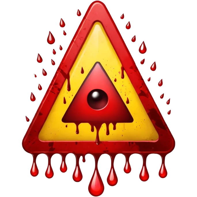 A triangular danger  and a bright yellow background. In the center, a dark red blood splatter spreads outward, with a few drops dripping down the sign. The design gives a wild, intense, and dangerous vibe, as if warning of something violent or hazardous. emoji