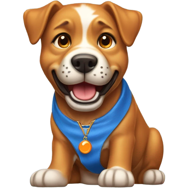 happy cute american stafford with simple blue collar with orange pendant from half side perspective with presents and gifts around him emoji