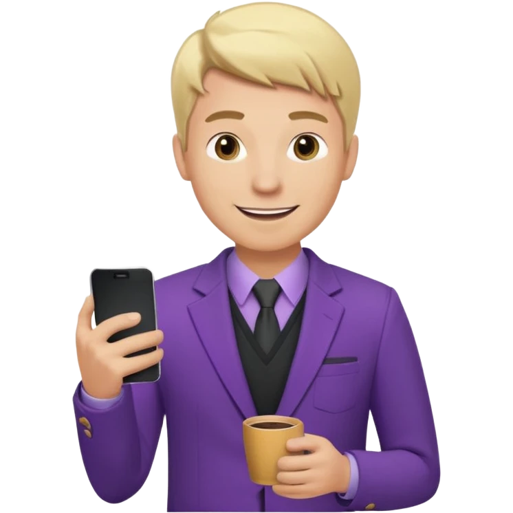 Confident and outgoing male entrepreneur, Caucasian features, blonde hair, big friendly smile, expressive eyes, defined eyebrows, wearing a purple blazer over a black shirt, holding a smartphone in one hand and a coffee cup in the other, waist-up, front-facing emoji