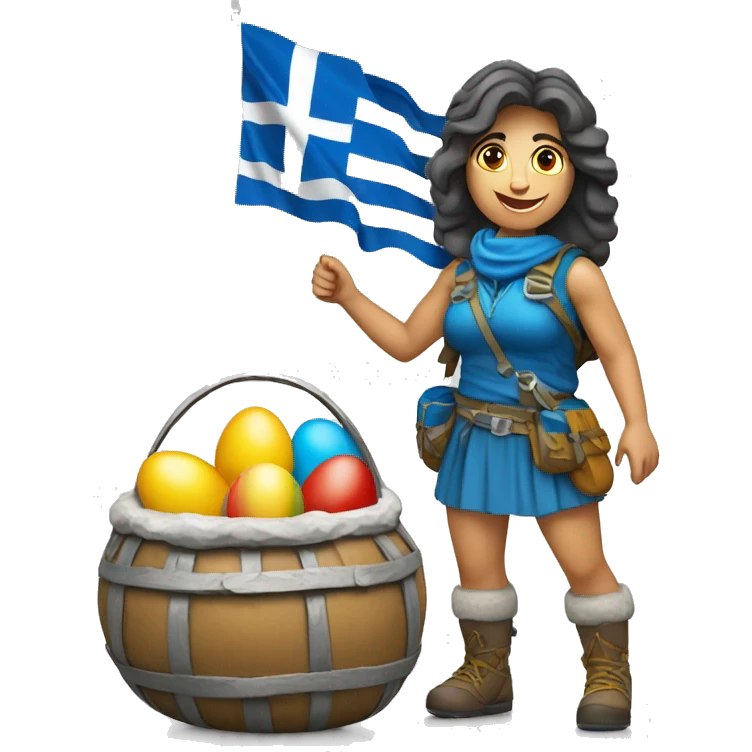 Greek Female mountaineer on mount everest with greek flag and easter eggs basket emoji