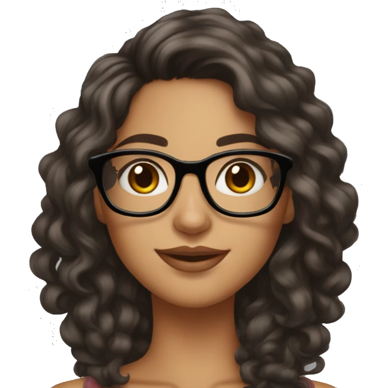girl, big nose, long curly black hair, earrings, dark brown eyes, tan skin, freckles, glasses, glamour emoji